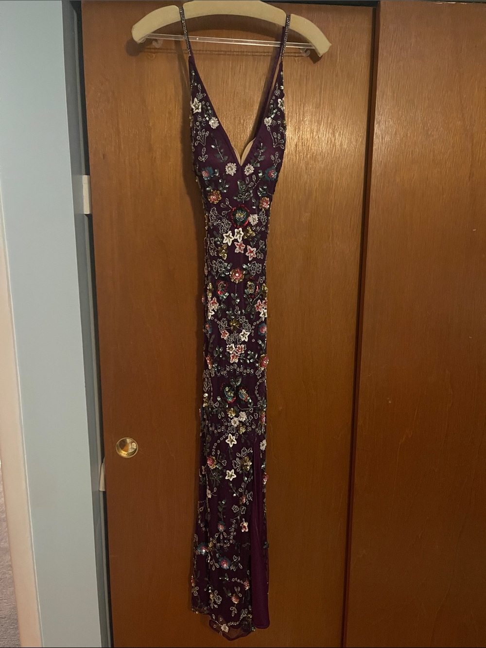 Embellished Deep V Purple Evening Gown